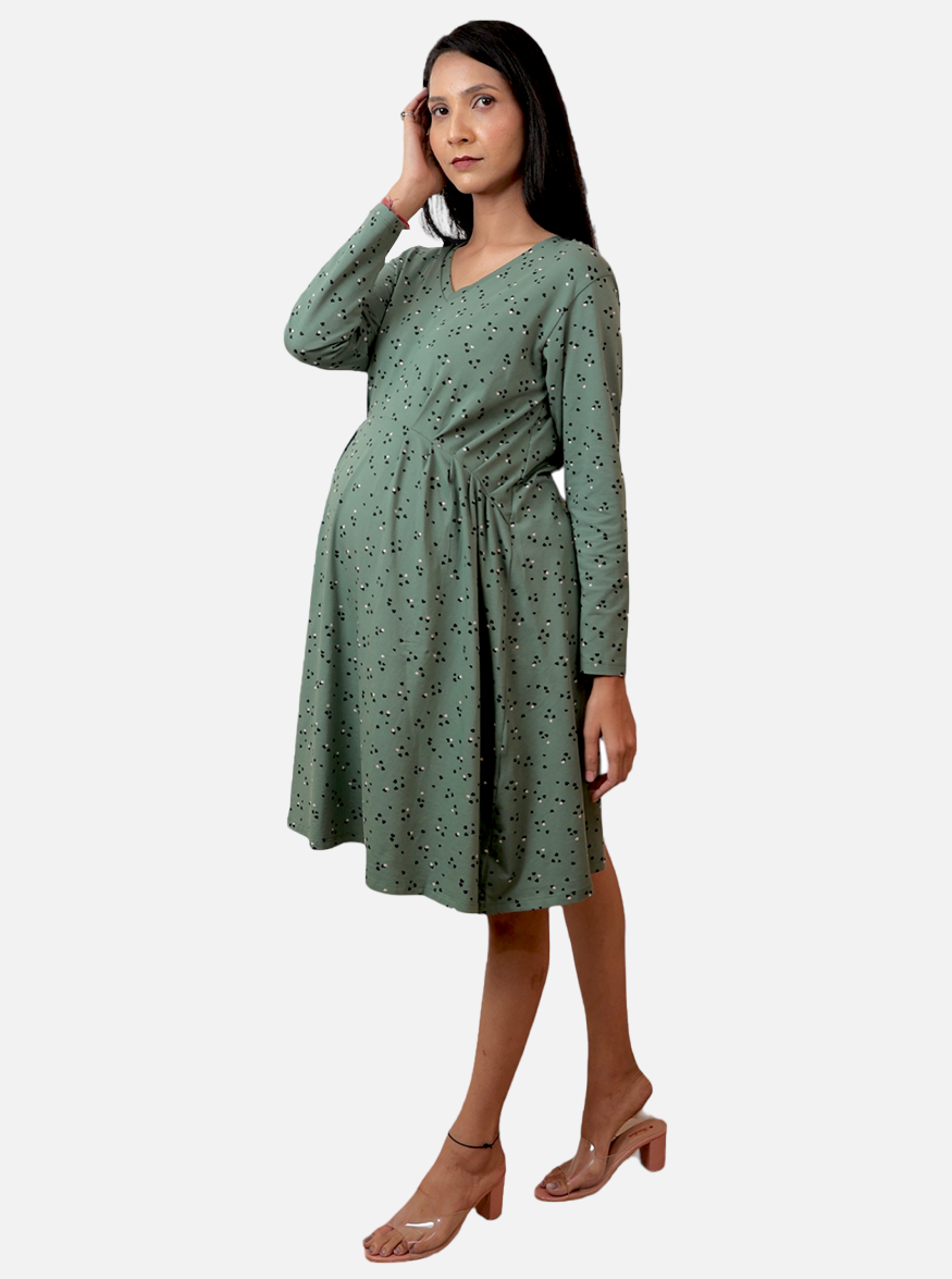 Women Grey Printed Flared Maternity Dress