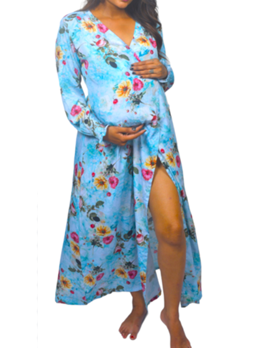 Ankle Lenth Maternity Wraps Dress Flower Print - The Tummy Store