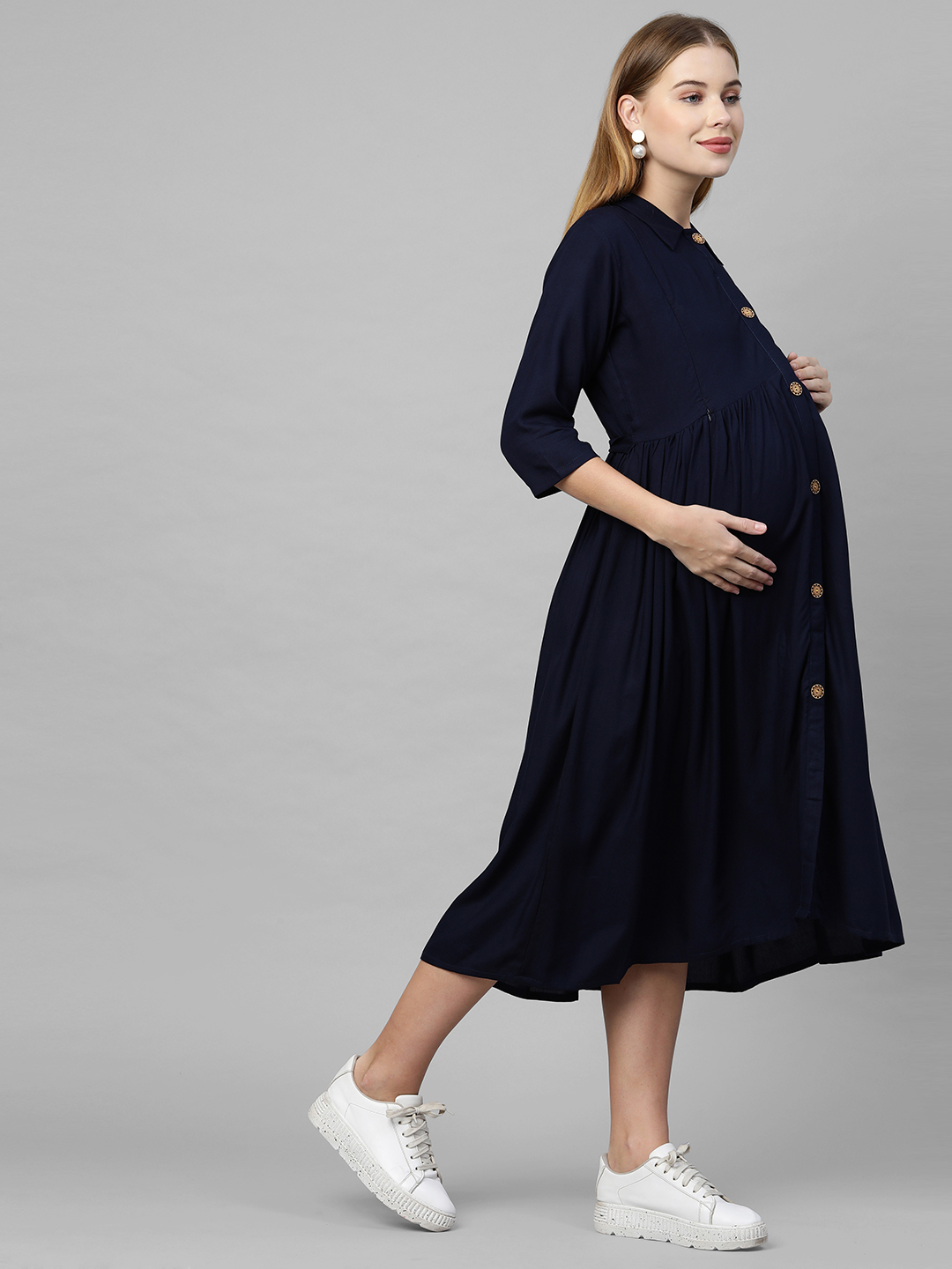 TUMMY A-Line Collared Neck Solid Maternity & Nursing Dress with Soft Rayon Fabric - Image 3